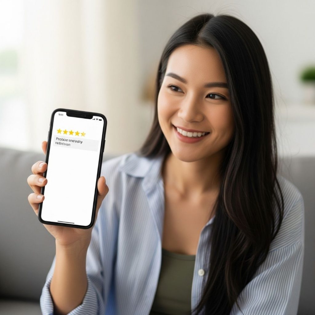 person holding up a phone for review