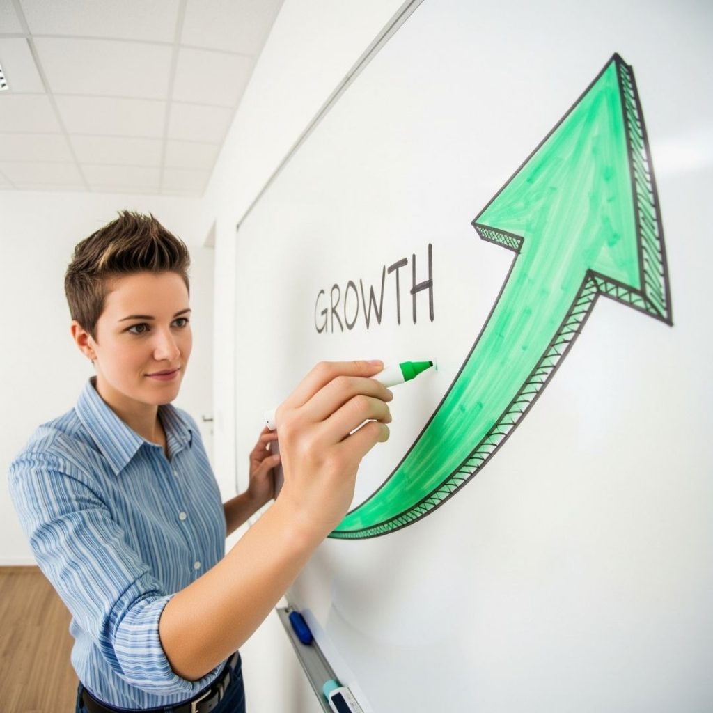 person writing growth on the white board