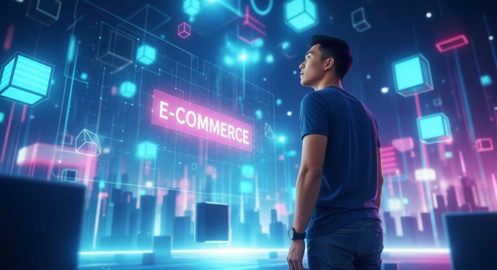 person looking at graphical representation of e-commerce world