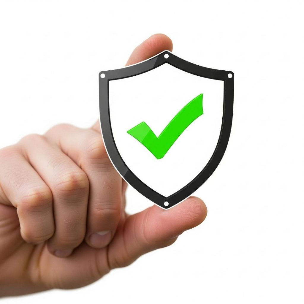 person holding shield with a chack mark