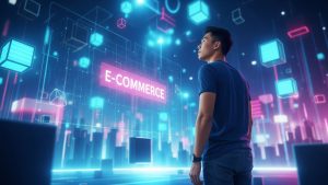 person looking at graphical representation of e-commerce world